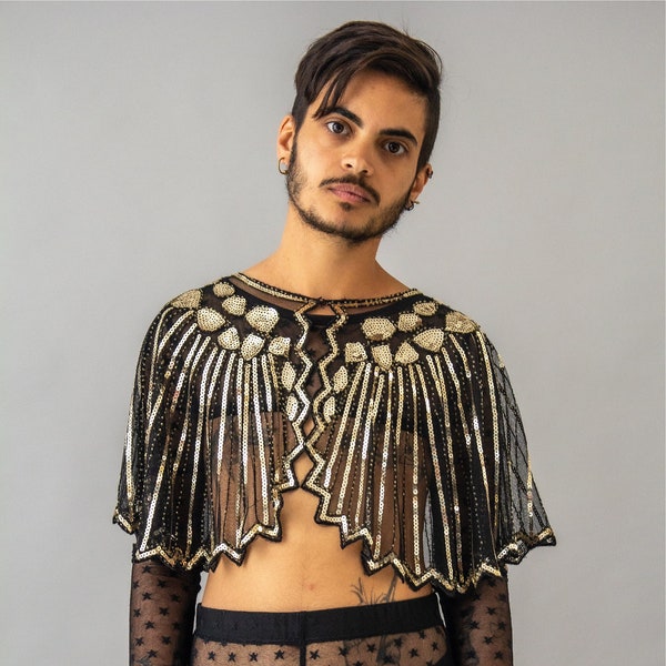 Gold sequin cape, mens rave clothing, men festival outfit.