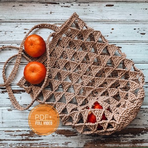 Crochet pattern mash bag triangles PDF digital and video tutorial, lace bag, net bag, woven bag for women, spring bag for girls, raffia