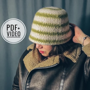 Virkmönster tovad bucket hat PDF digital direktnedladdning och video handledning, sjömansmössa, randig filtmössa, varm ullmössa