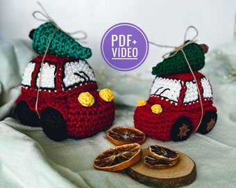 Crochet pattern basket car with Christmas tree, New year red car, crochet storage, PDF digital instant download, video tutorial