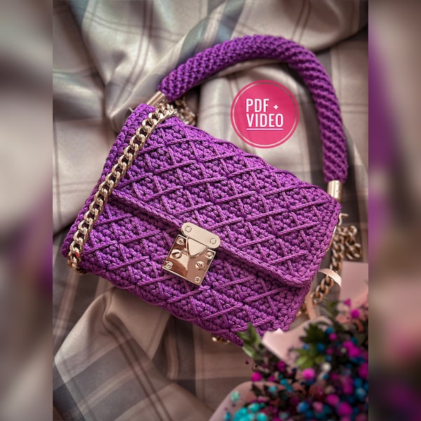 Crochet pattern women handbag PDF digital instant download, video tutorial, vegan crossbody, top handle, small purse, clutch, shoulder bag