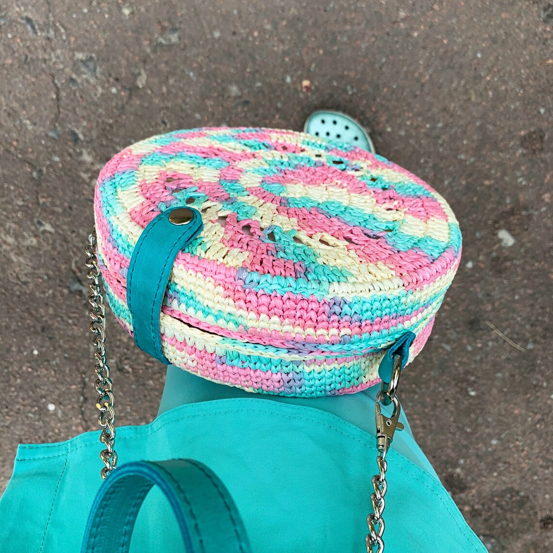 Unicorn roundbag with raffia yarn rainbow crochet bag Etsy