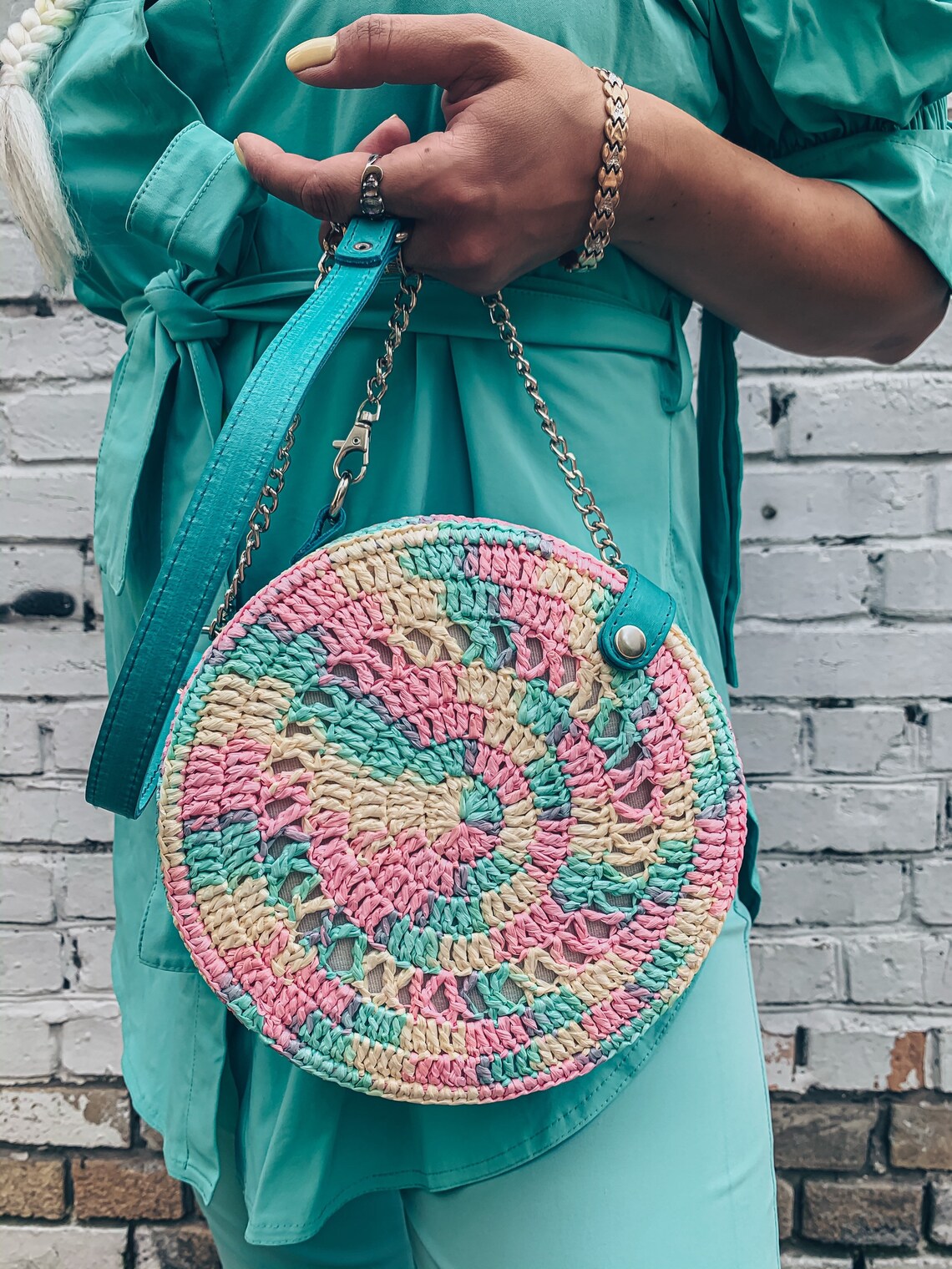 Unicorn roundbag with raffia yarn rainbow crochet bag Etsy