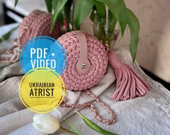Crochet pattern round bag with t-shirt yarn, PDF digital instant download, video tutorial