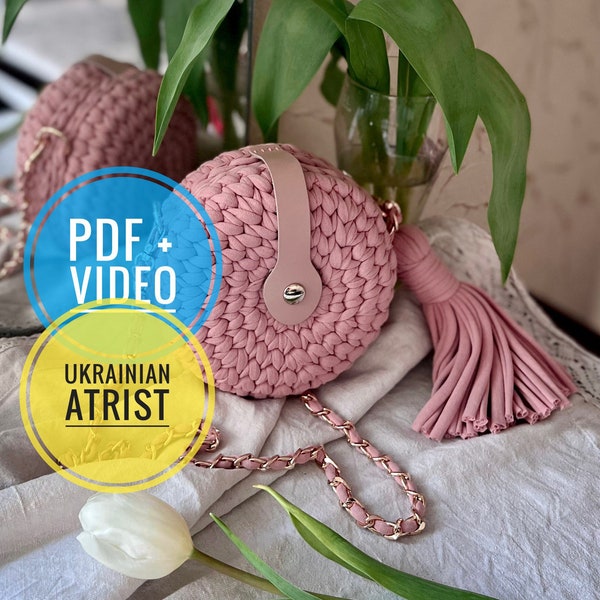Crochet pattern round bag with t-shirt yarn, PDF digital instant download, video tutorial