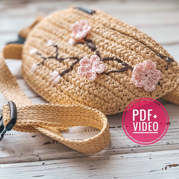Crochet pattern fanny pack with raffia, PDF digital instant download, belt bag, waist bag,  festival pouch, bum bag
