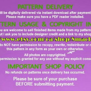 May include: Purple background with white text outlining the terms of use and delivery for a digital pattern. The text includes the website address https://www.etsy.com/ca/shop/SmachnaTorba.