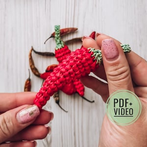 Może przedstawiać: Żywy, czerwony, szydełkowy chili z zieloną łodygą jest trzymany w dłoniach. Inne suszone papryczki chili są w tle. Obraz zawiera zielone koło z tekstem "PDF+VIDEO".