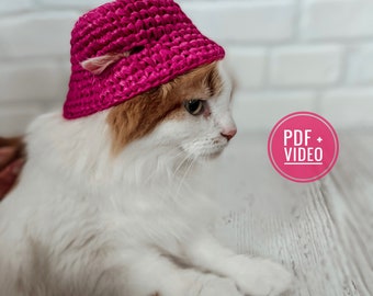 Pets bucket hat crochet pattern PDF, digital instant download, video tutorial, hat for cats and small dogs, kalush orchestra, pink hat