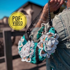 Modèle au crochet, sac banane carré grand-mère PDF, téléchargement numérique instantané et tutoriel vidéo, sac banane, sac à main en raphia avec motifs, petit sac à main