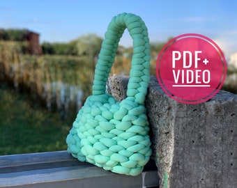 Chunky bag knit pattern PDF and video tutorial, crochet handbag, shoulder purse, vegan knit crossbody, retro style, mini tote