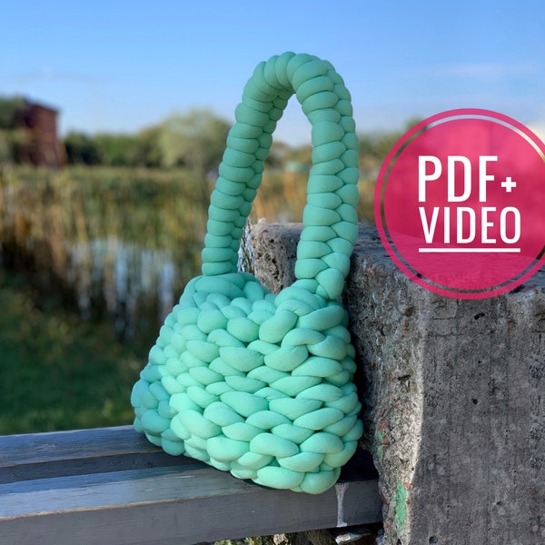 Chunky bag knit pattern PDF and video tutorial, crochet handbag, shoulder purse, vegan knit crossbody, retro style, mini tote