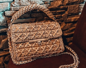 Gold women handbag, vegan crossbody, top handle, small purse, crochet clutch, shoulder bag, luxury bag