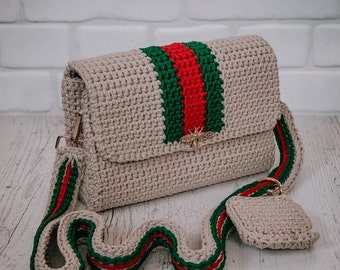 Beige crossbody with red stripe, crochet bag, handmade luxury handbag, clutch, shoulder bag, accessories for gift, polyester cord