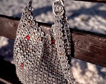 Aluminum Silver Pop Soda Beer Pop Tabs bag, Metal Black tote, Upcycled pull tab, recycle purse