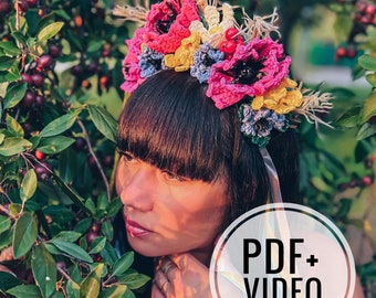 Crochet pattern floral headband PDF digital instant download, ethnic headpiece, crowns, tiara, diadems, bridal, hair accessories, wreath