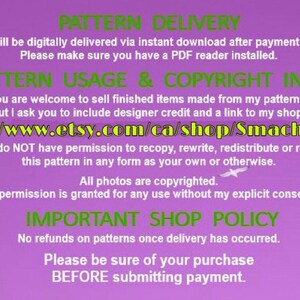 May include: Purple background with green text outlining the terms of use for a digital pattern. The text includes information about pattern delivery, usage, copyright, and shop policy. The text also includes a link to the shop's Etsy page: https://www.etsy.com/ca/shop/SmachnaTorba.