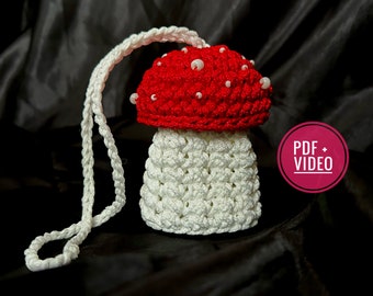 Crochet pattern mushroom bag  PDF digital instant download, video tutorial, cottagecore pouch, drawstring pouches, crystal pouch, dice bag