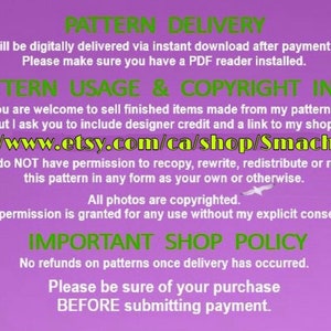 May include: Purple background with green text outlining the terms of use for a digital pattern. The text includes information about pattern delivery, usage, copyright, and shop policy. The text also includes a link to the shop's Etsy page: https://www.etsy.com/ca/shop/SmachnaTorba.