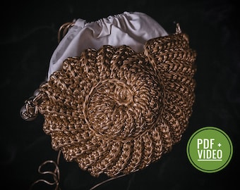 Crochet pattern shell bag PDF digital instant download, video tutorial, small round purse, women handbag, shoulder crossbody, gold metallic