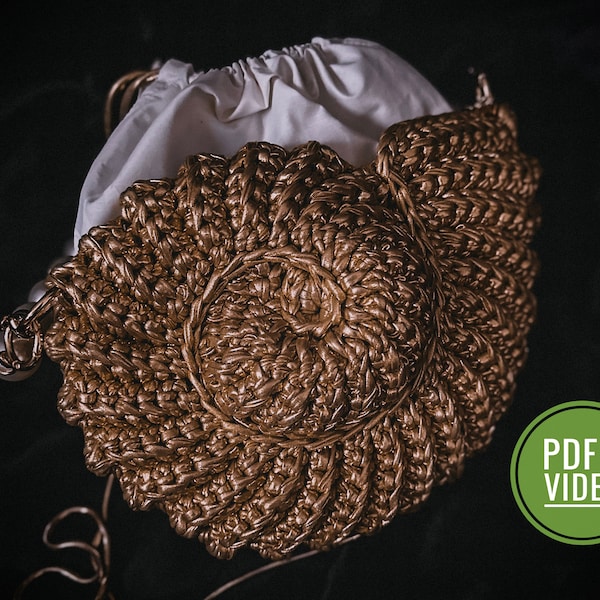 Patrón crochet bolso concha PDF descarga digital instantánea, video tutorial, bolso redondo pequeño, bolso mujer, bandolera hombro, dorado metalizado