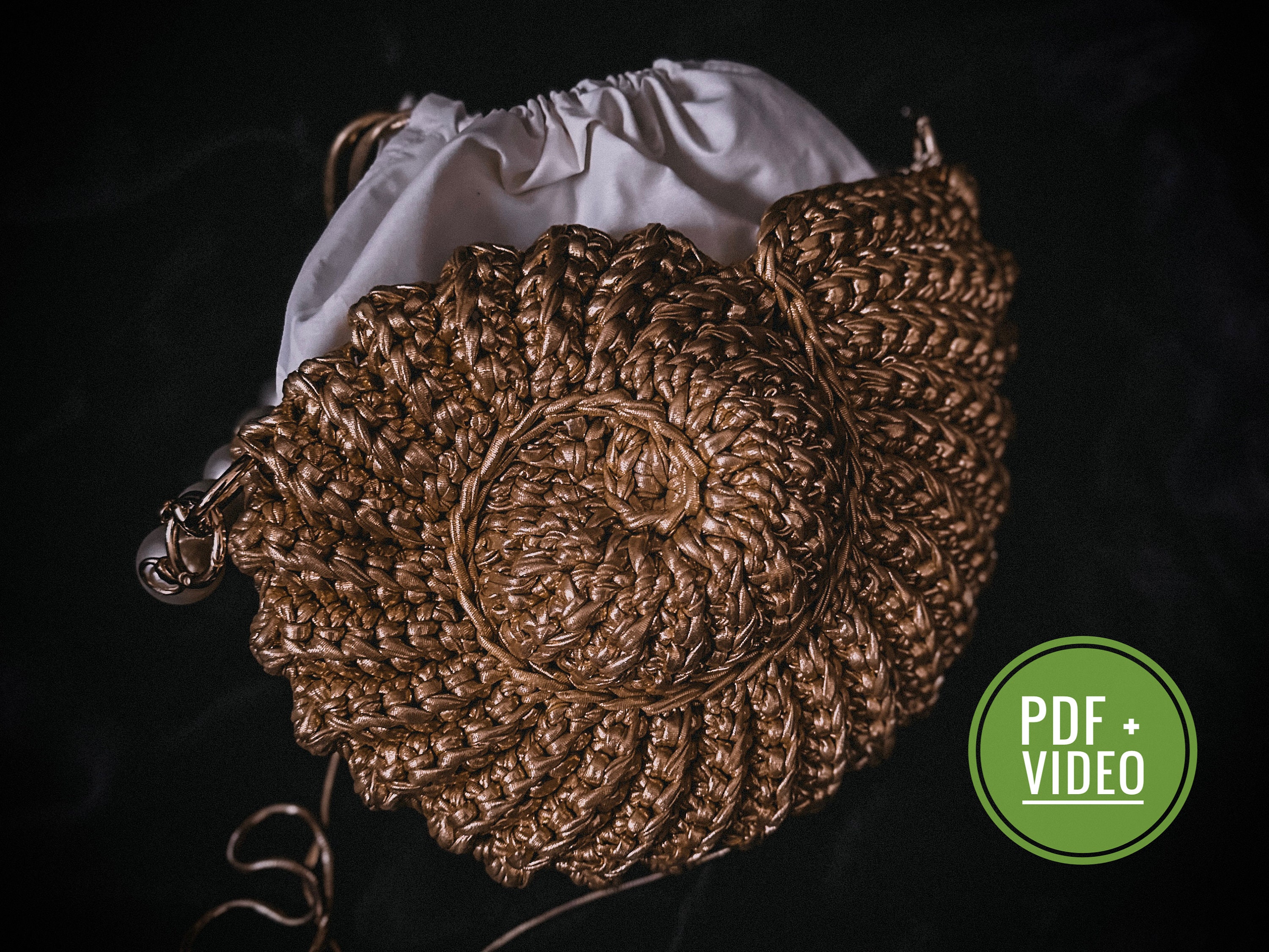 Crochet pattern shell bag PDF digital instant download, video tutorial, small round purse, women handbag, shoulder crossbody, gold metallic