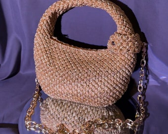 Luxury gold small women one piece handbag,  crossbody hobo, top handle, small purse, crochet clutch, shoulder bag, event wear