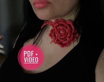 Crochet pattern flower choker PDF digital instant download, video tutorial, floral necklace, women accessories, vintage rose, brooch