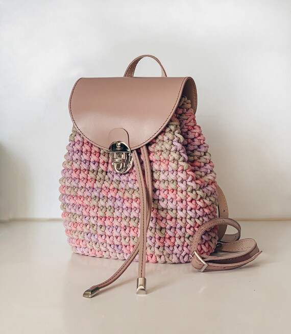 Crochet Backpack Purse Made of Cotton Yarn With Leather Elements