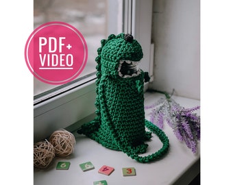 Water Bottle Holder crochet pattern PDF and video tutorial, monster dino, crochet carrier, sling, pouch, cover