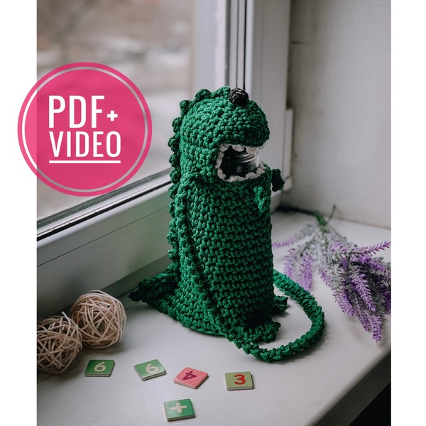 Water Bottle Holder crochet pattern PDF and video tutorial, monster dino, crochet carrier, sling, pouch, cover