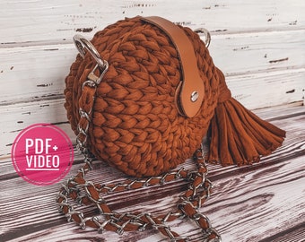 Crochet pattern round bag with t-shirt yarn, PDF digital instant download, video tutorial