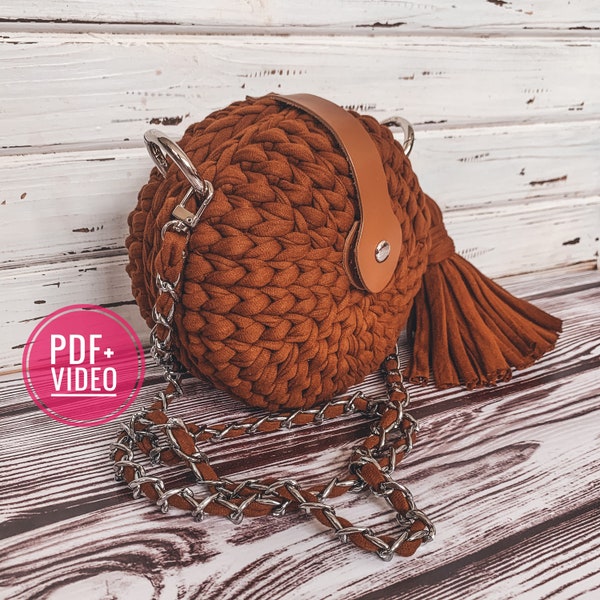 Crochet pattern round bag with t-shirt yarn, PDF digital instant download, video tutorial