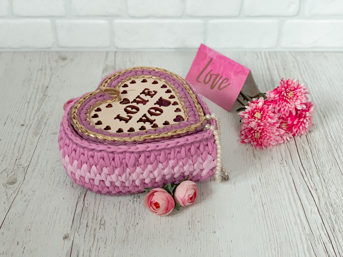 Pink hearts basket with lid Valentines gift box crochet Etsy