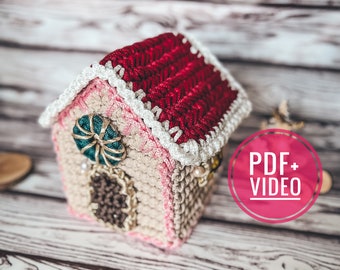 Gingerbread house crochet pattern PDF, basket with lid, Christmas ornament, hanging decoration digital instant download