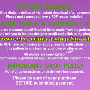 May include: A purple background with green and white text detailing pattern delivery, usage, copyright info, and shop policies. The text includes a shop URL and copyright information. A small white bird graphic is also present.