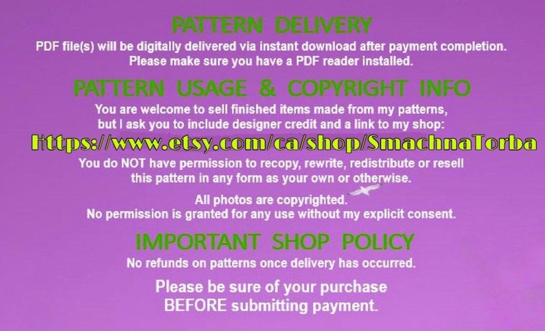 May include: A purple background with green and white text detailing pattern delivery, usage, copyright info, and shop policies. The text includes a shop URL and copyright information. A small white bird graphic is also present.