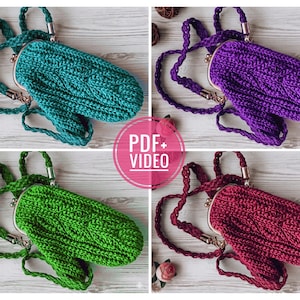 May include: Four crocheted coin purses in teal, purple, green, and burgundy, each with a braided strap and metal clasp. The purses have a cable knit design. The image includes a pink circle with the text "PDF + VIDEO".