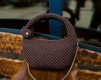 Small brown women one piece handbag,  crossbody hobo, top handle, small purse, crochet clutch, shoulder bag, casual wear