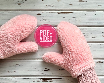 Mittens crochet pattern PDF, fur gloves, digital instant download, video tutorial