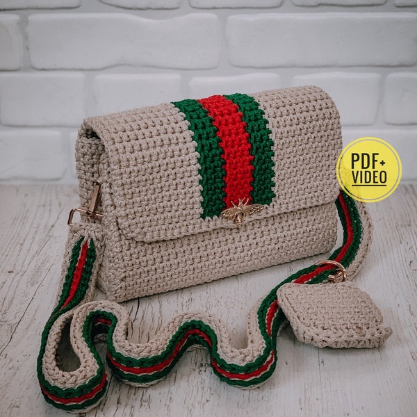 Crochet pattern bag with stripes PDF digital instant download, thermal stitch, women crossbody, Small crossbody purse, ivory handbag