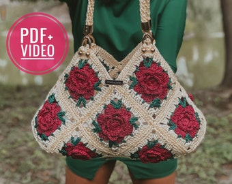 Granny square crochet bag pattern PDF and video tutorial, shoulder crossbody, hippie handbag, boho chic, digital instant download