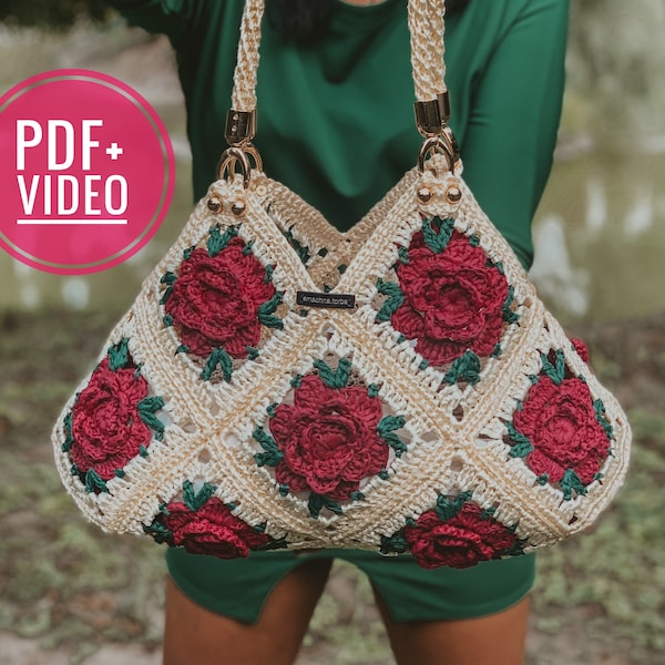 Granny square crochet bag pattern PDF and video tutorial, shoulder crossbody, hippie handbag, boho chic, digital instant download