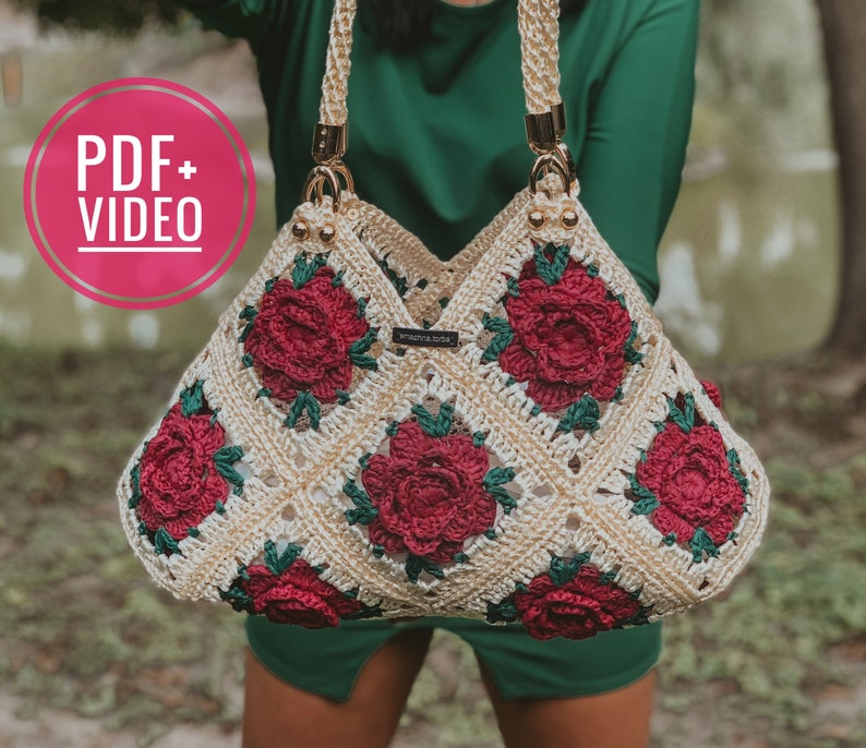 Granny square crochet bag pattern PDF and video tutorial, shoulder crossbody, hippie handbag, boho chic, digital instant download image 1