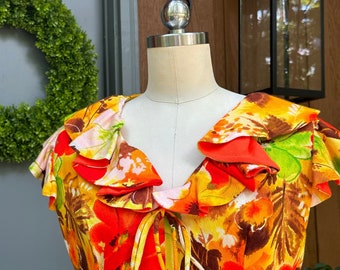 GORGEOUS 70's BARKCLOTH Dress/Vintage Hawaiian Dress/Barkcloth Dress/70's Dresses/70's Hawaiian Dresses/Dayglo Dresses/Near Mint Condition