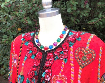 PRETTY 90's HEART BEADED Jacket/90's Sequin Jackets/Sequin Jackets/Red Beaded Jacket/90's Dressy Jacket/Beaded Jacket/Good Vintage Condition