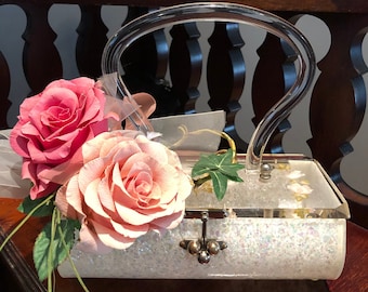 RARE Rose Sparkle LUCITE Handbag/50's Lucite Handbags/50's Lucite Purses/50's Lucite Bags/50's Handbags/50's Purses/MINT Condition