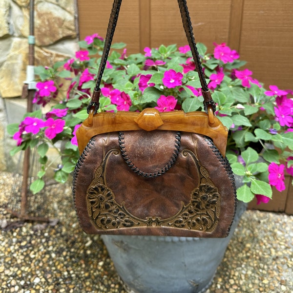 RARE ANTIQUE 1910's HANDBAG/Antique Leather Bag/Art Nouveau Purse/Antique Handbag/Celluoid Purse/Leather Purse/Good Vintage Condition