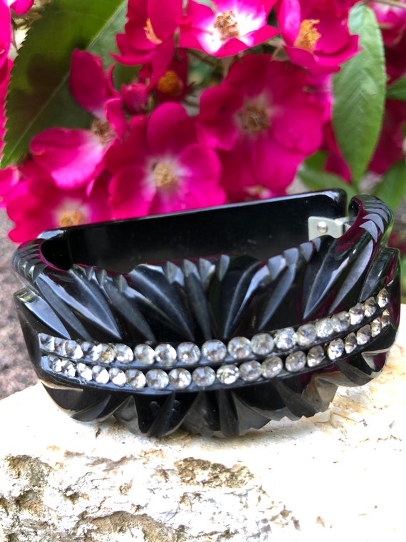 40's Bakelite Black Rhinestones Bracelet/Bakelite