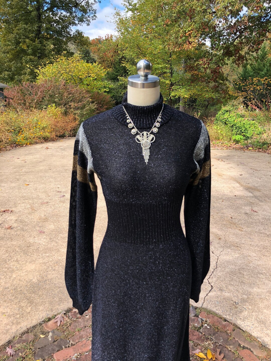 1970s Supermodel Length Wenjilli Metallic Blue Dress